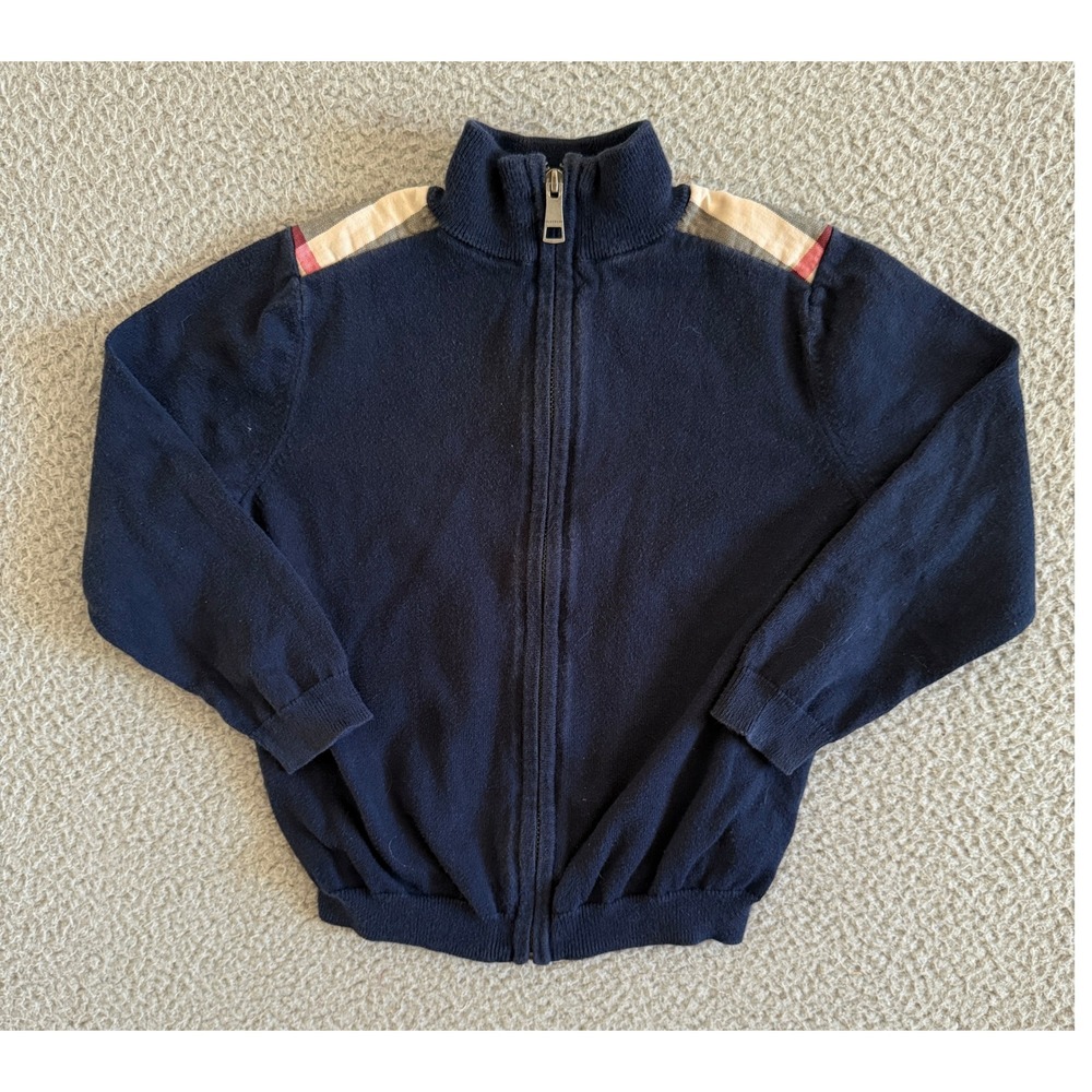 Burberry Children Navy Blue Cotton Zip Up Cardigan sz 4 Nova Check Shoulder Kids